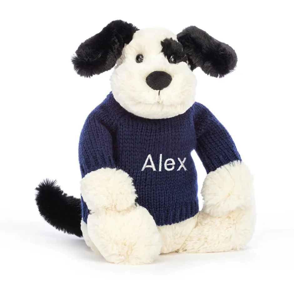 Bashful Black & Cream Puppy with Personalised Navy Jumper*Jellycat Outlet