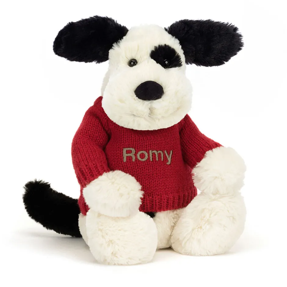 Bashful Black & Cream Puppy with Personalised Red Jumper*Jellycat Best