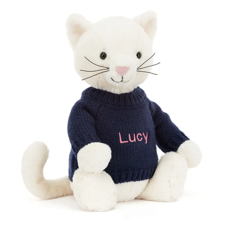Bashful Cream Kitten with Personalised Navy Jumper*Jellycat Discount