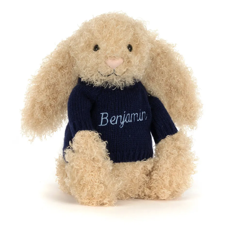 Bashful Luxe Bunny Curly with Personalised Navy Jumper*Jellycat