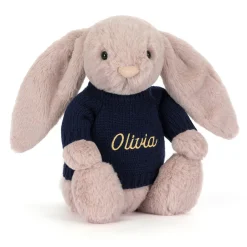 Bashful Luxe Bunny Rosa with Personalised Navy Jumper*Jellycat Clearance