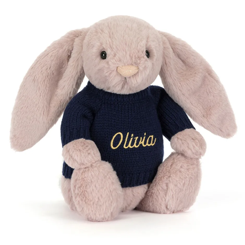Bashful Luxe Bunny Rosa with Personalised Navy Jumper*Jellycat Clearance