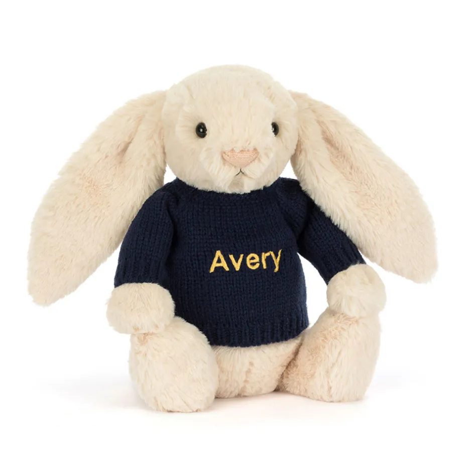Bashful Luxe Bunny Willow with Personalised Navy Jumper*Jellycat Outlet