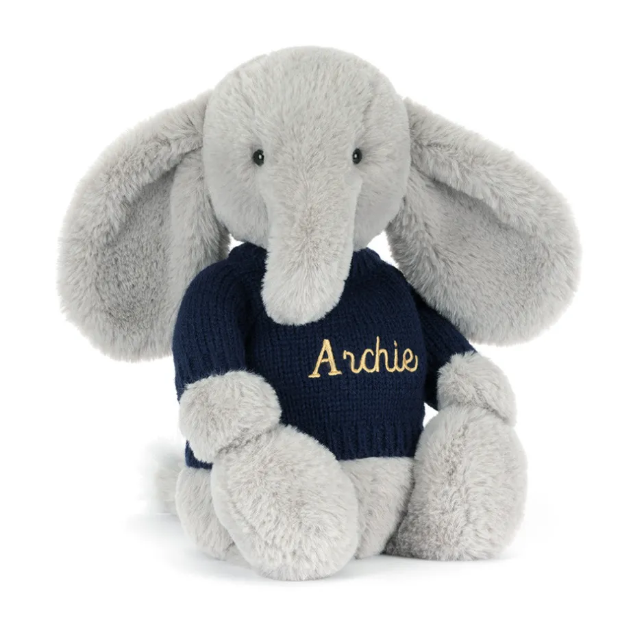 Bashful Luxe Elephant Thuddeus with Personalised Navy Jumper*Jellycat Online