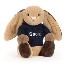 Bashful Patchwork Brown Bunny with Personalised Navy Jumper*Jellycat Outlet