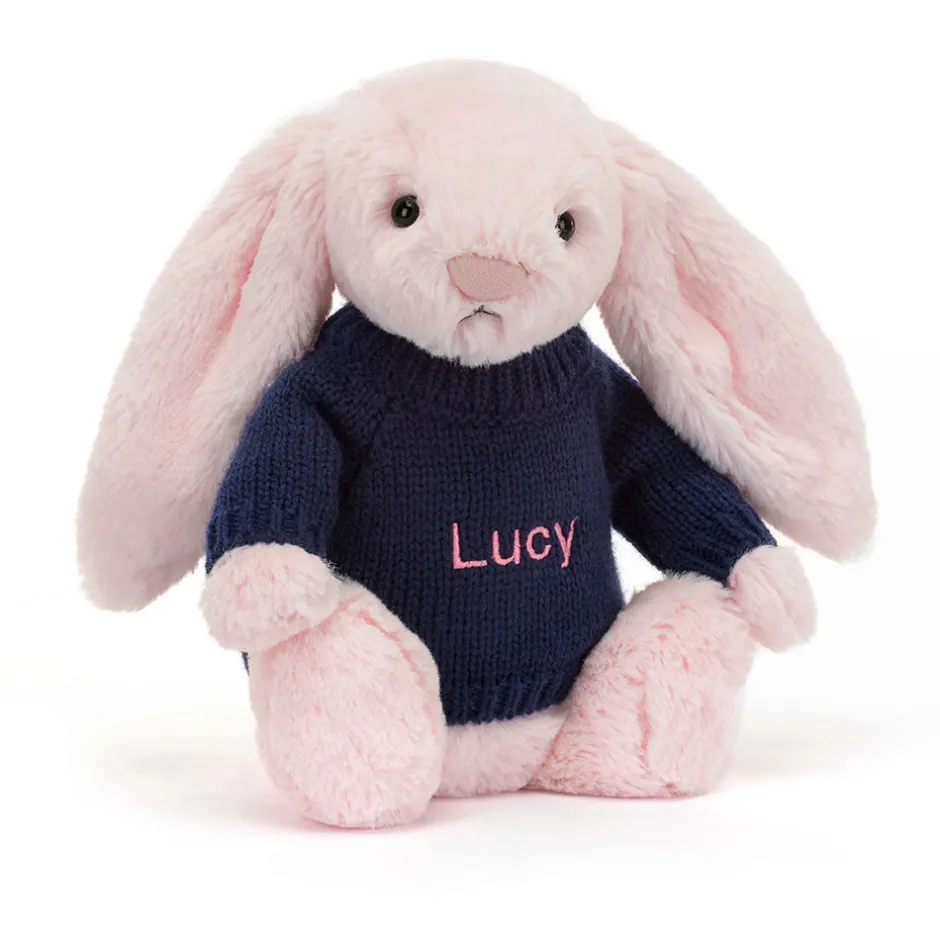 Bashful Pink Bunny with Personalised Navy Jumper*Jellycat Sale