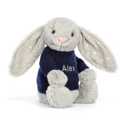Bashful Shimmer Bunny with Personalised Navy Jumper*Jellycat Sale