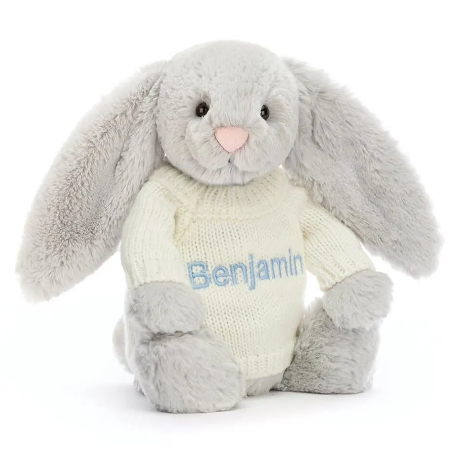 Bashful Silver Bunny with Personalised Cream Jumper*Jellycat New