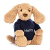 Bashful Toffee Puppy with Personalised Navy Jumper*Jellycat Outlet