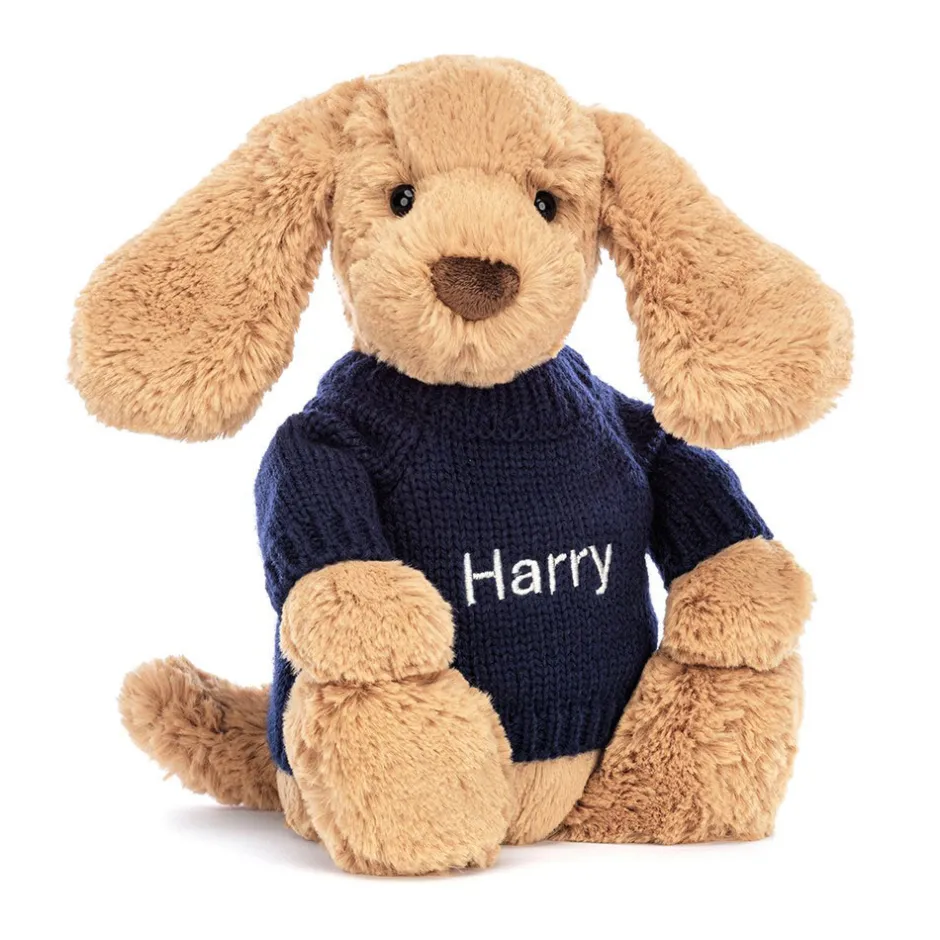 Bashful Toffee Puppy with Personalised Navy Jumper*Jellycat Outlet