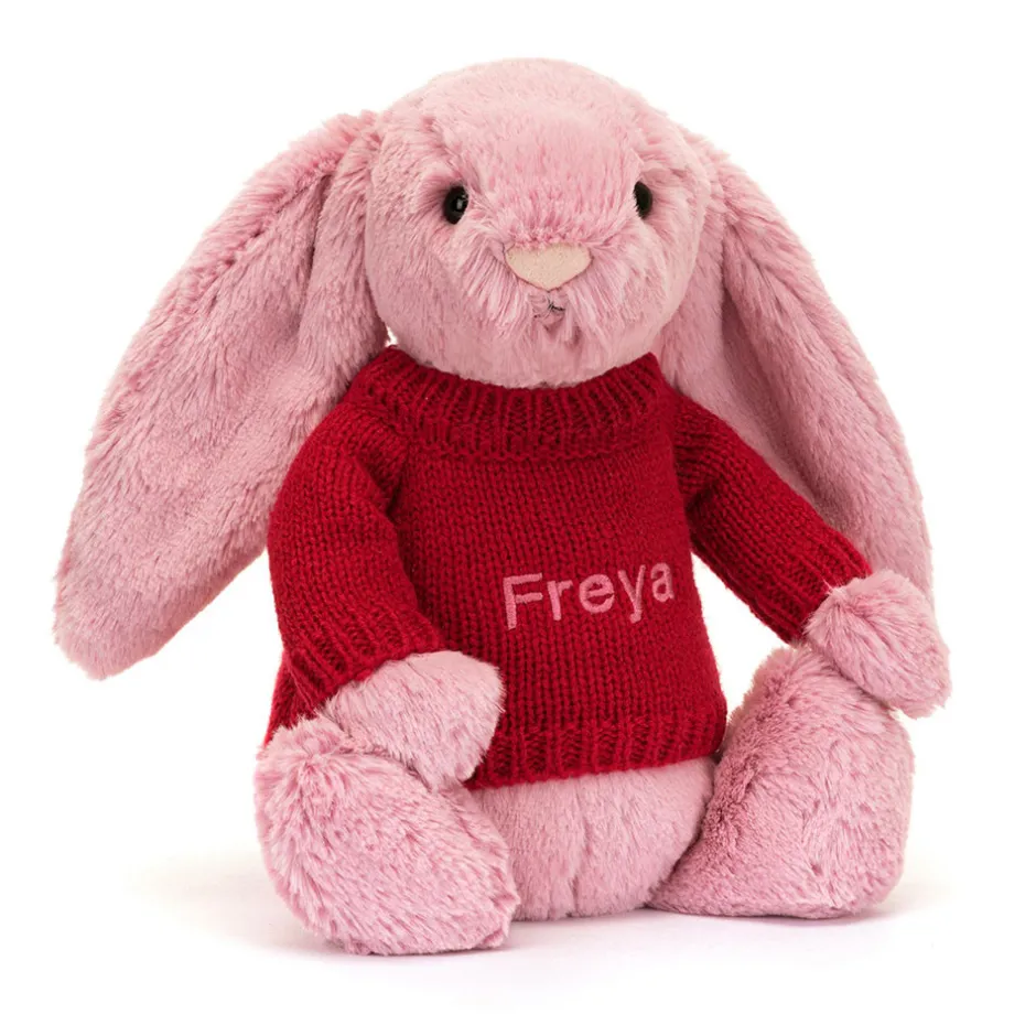 Bashful Tulip Pink Bunny with Personalised Red Jumper*Jellycat Clearance