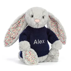 Blossom Silver Bunny with Personalised Navy Jumper*Jellycat Outlet