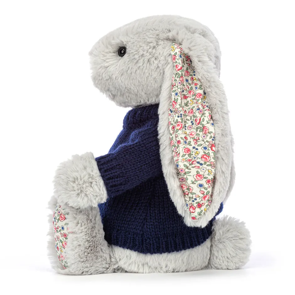 Blossom Silver Bunny with Personalised Navy Jumper*Jellycat Outlet
